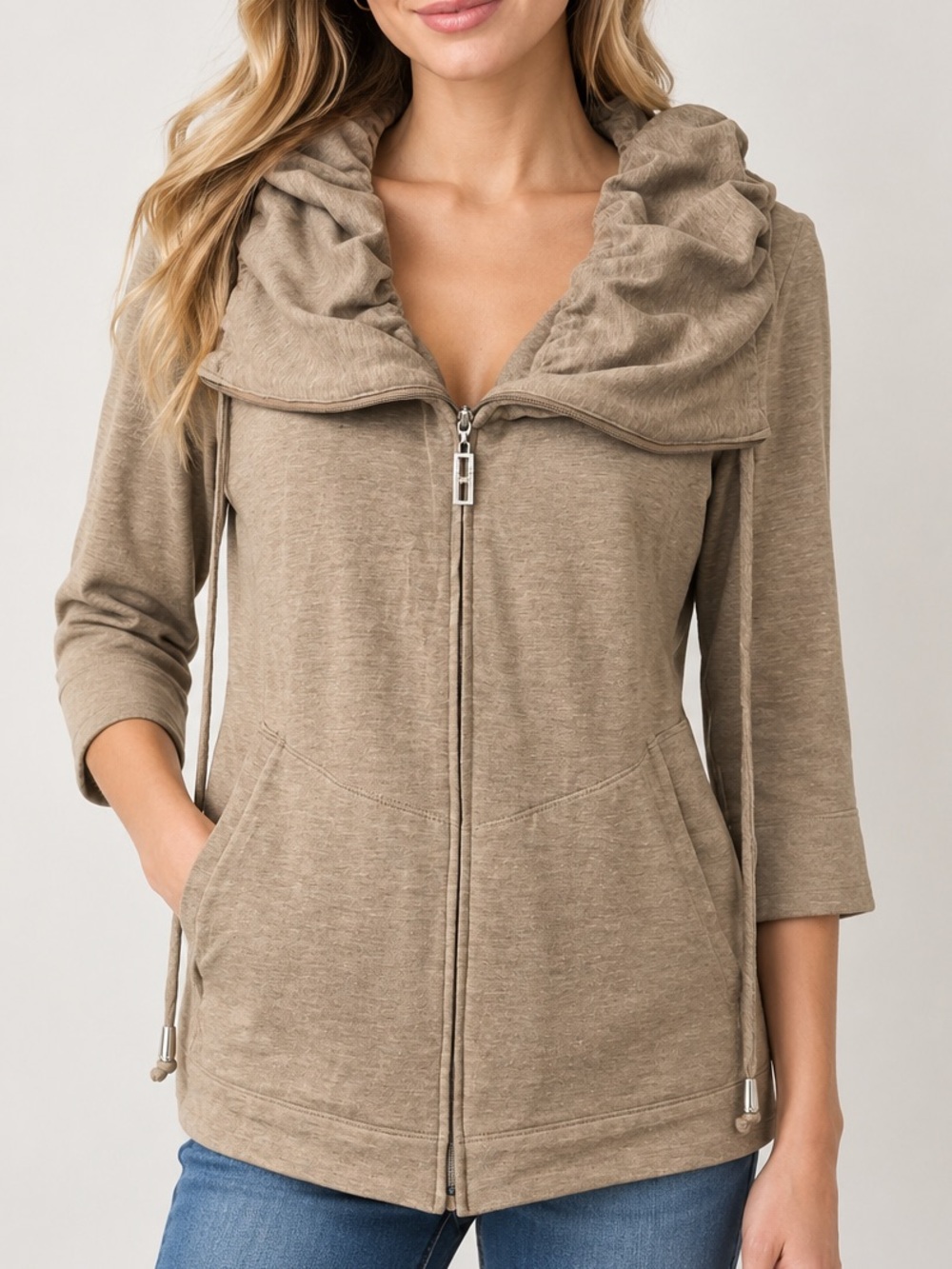 St. John Spa Light Zip Up Jacket Heathered Beige Taupe Cowl Neck Sz Small